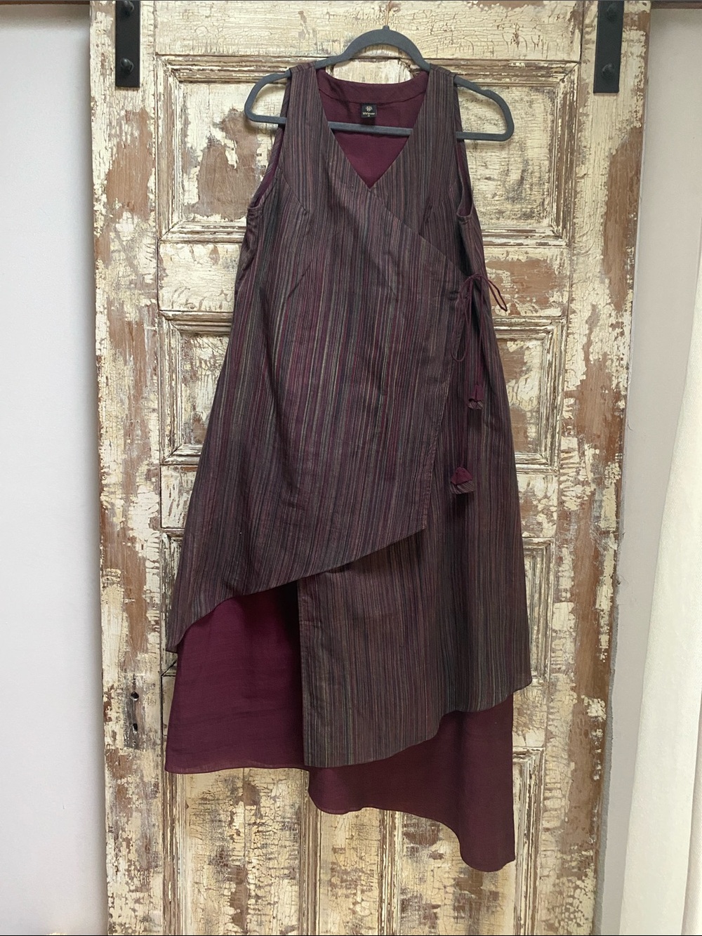 Boho Double Layered Burgundy Striped Wrap Dress, Lightweight Material, Size M - Picture 2 of 9